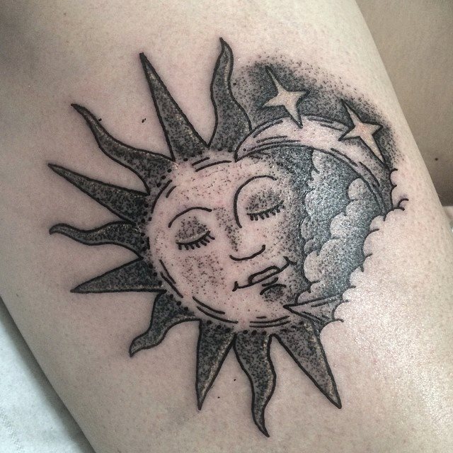 Breath-taking Dot Work Sun and Moon Tattoo