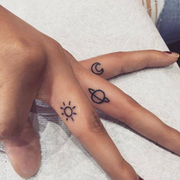 Cute Space Finger Tattoos with Sun and Moon