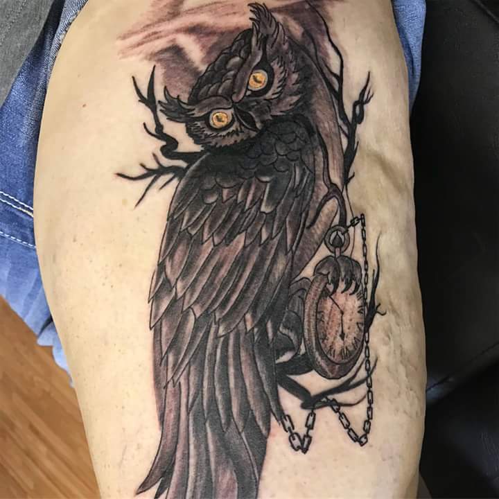 Dark Ink Owl Clock Tattoo