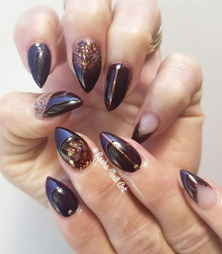 Designer Black Nail Art for Pointed Nails-Leaf Pattern