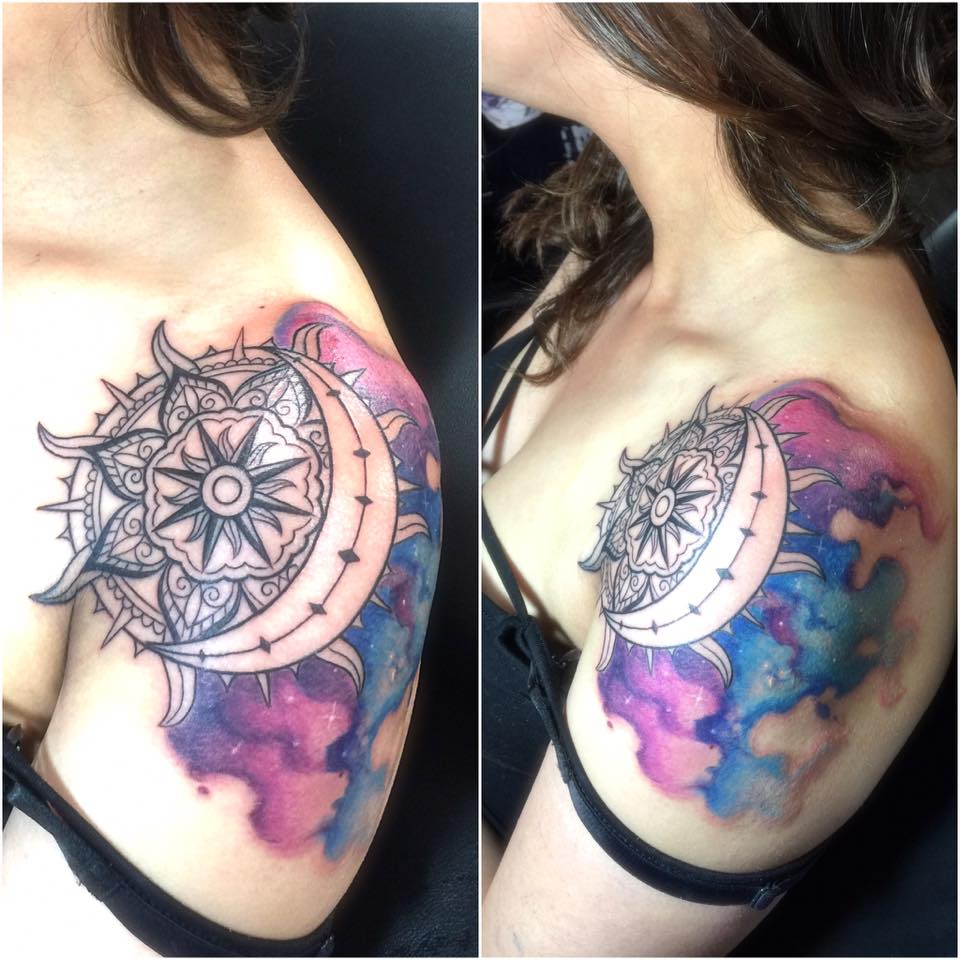 Droolworthy Sun and Moon Mandala with Watercolor Shoulder Tattoo