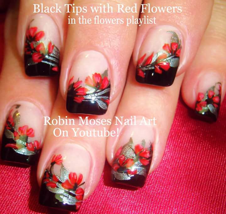 Exhilarating Black Nail Art with Red Flowers