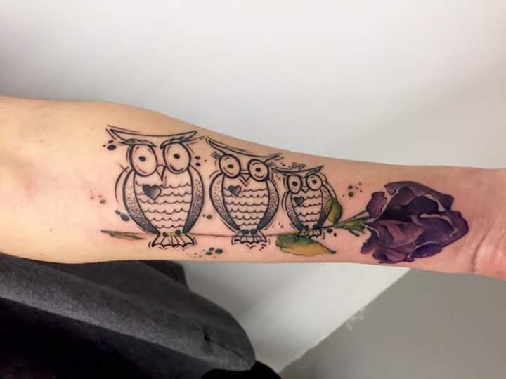 Family Owl Tattoo With Colored Flower