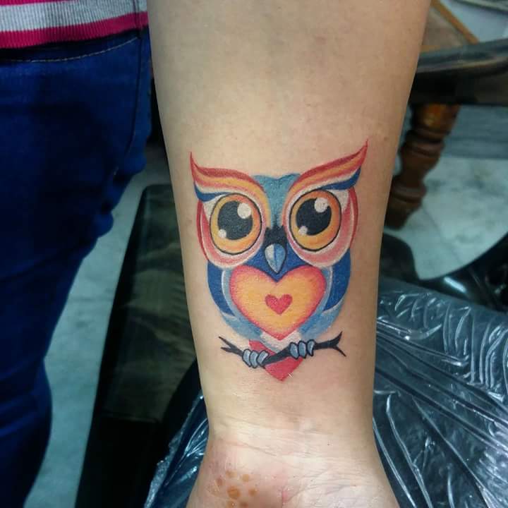 Fascinating Color Ink Owl Heart Tattoo