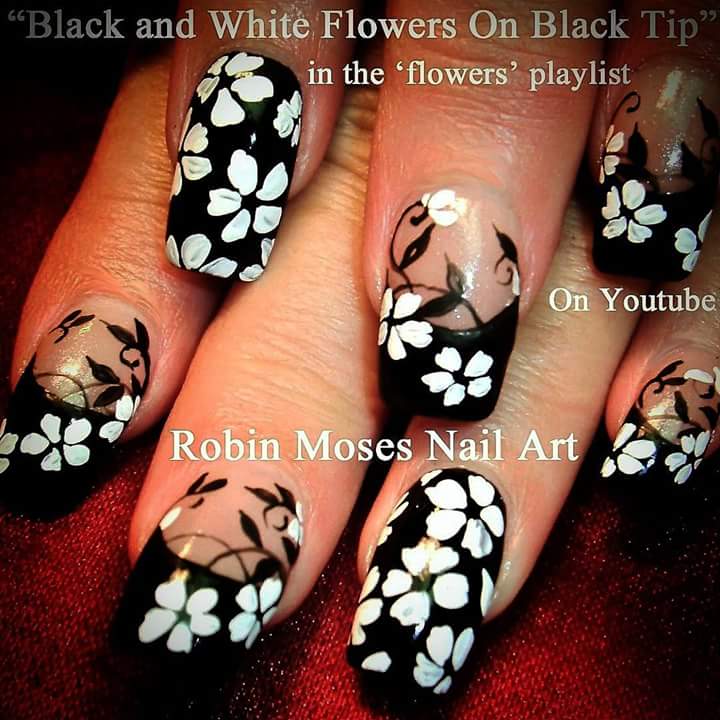 Girly Black Nail Art with Flowers