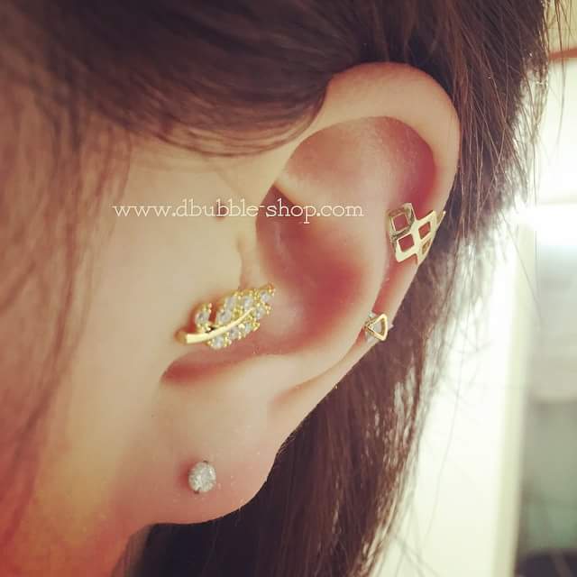 Gold and Rhinestone Tragus Leaf Stud