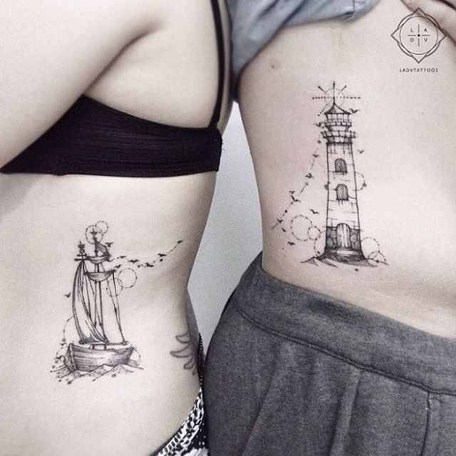 Lighthouse and Ship Unique Tattoos For Couples