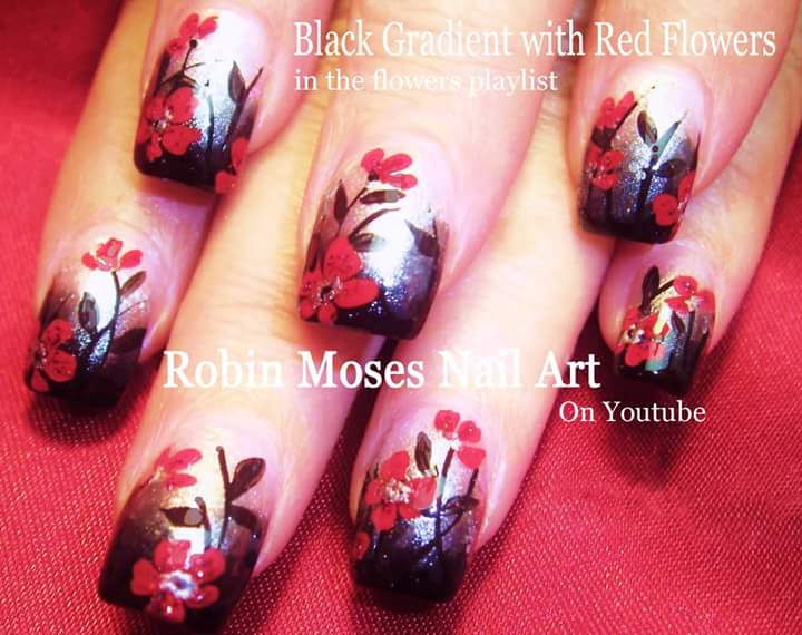 Marvellous Black Gradient with Flower Nail Art