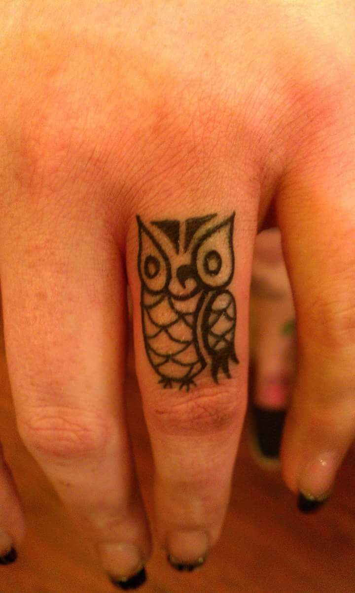 Miniature Geometric Owl Finger Tattoo