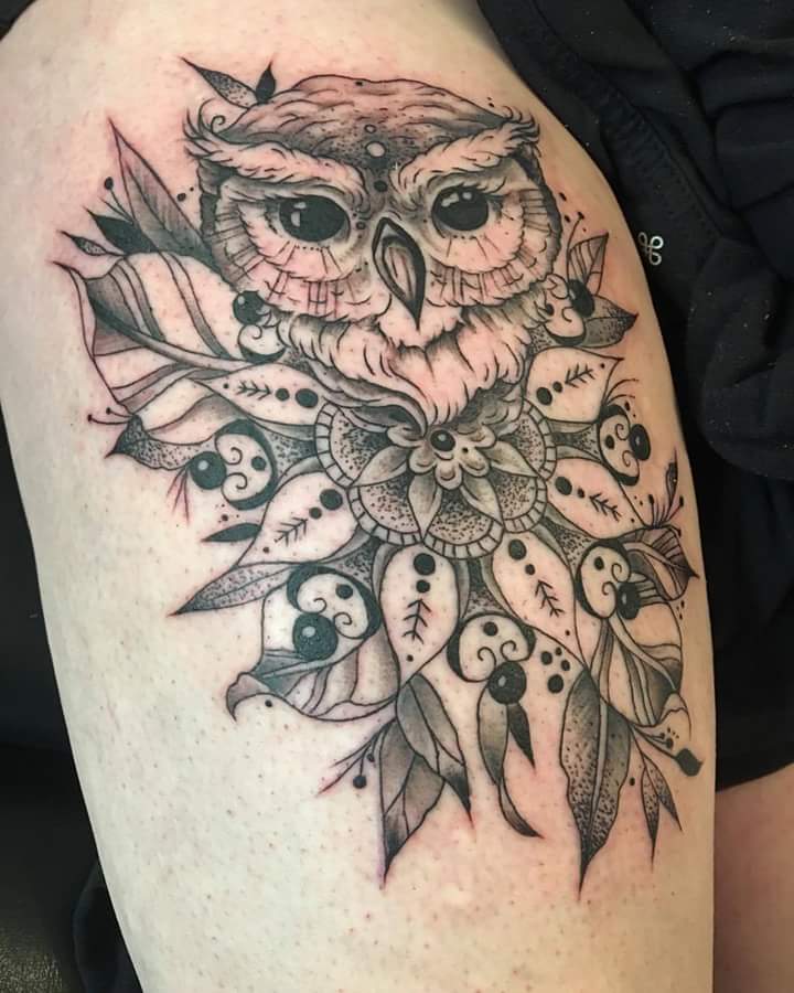 Natural Look With Owl And Leaves Tattoo