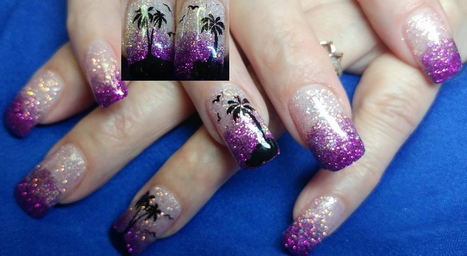 Palm Trees Purple Sunset Created hard UV gel glitter gel Pattern