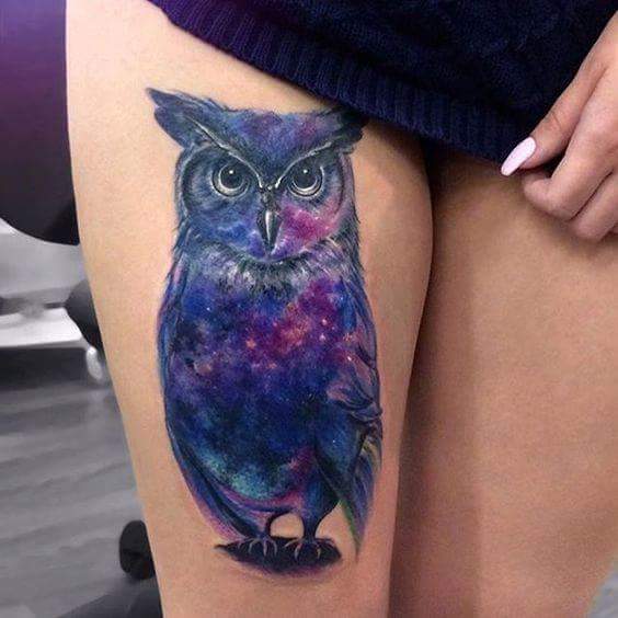 Perfectly Made Colorful Owl Thigh Tattoo