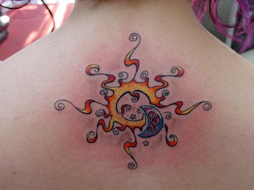 Prominent Sun and Moon Celestial Back Tattoo