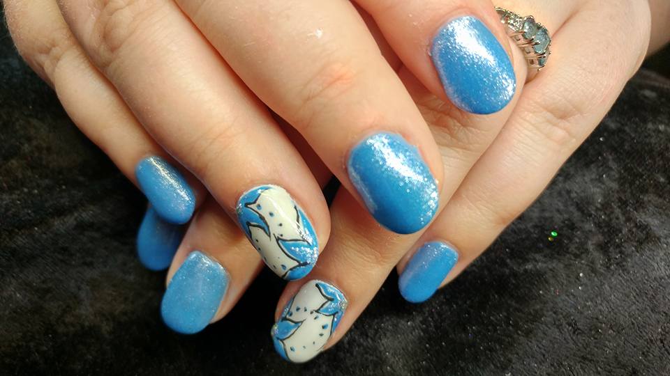 Rustic Blue Flowers Created using hard UV Gel Color Glitter Gel and 3D Gel Pattern