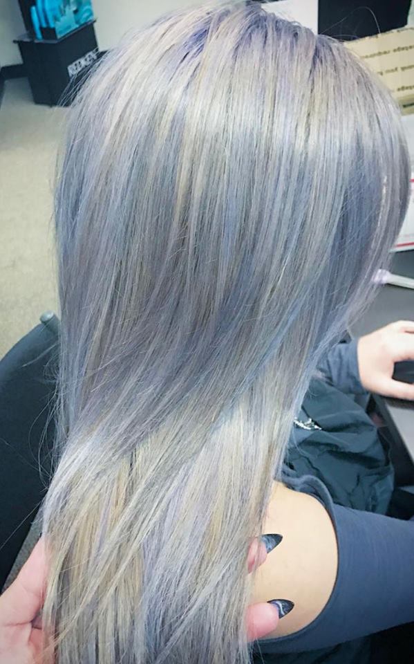 Silver Ash Blonde Hair With Golden And Purple Tones