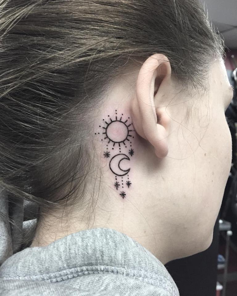 Small Ear Back Sun and Moon Tattoo