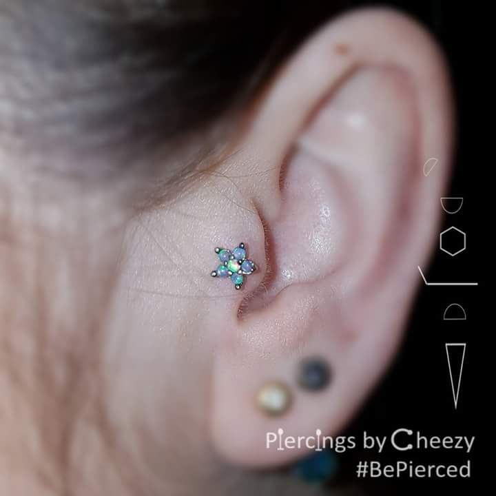 Starry Flower Stud Earring with Rhinestone Centre and Blue Opal Bead Petals