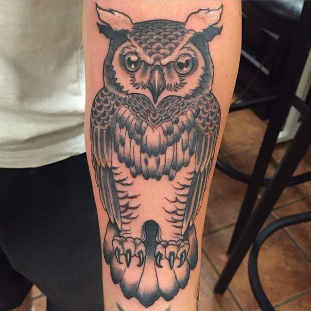 Traditional Owl Forearm Black Tattoo