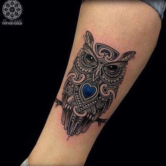 Tribal Owl With Blue Heart Tattoo