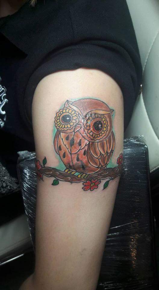 Unique Tattoo Of Owl Sitting On Branch