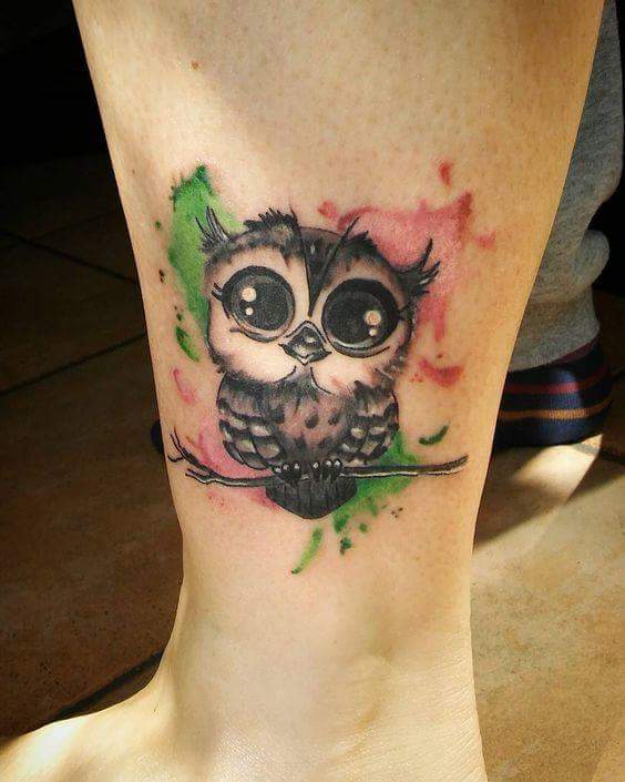 Watercolor Girly Temporary Tattoo Of Owl For Leg