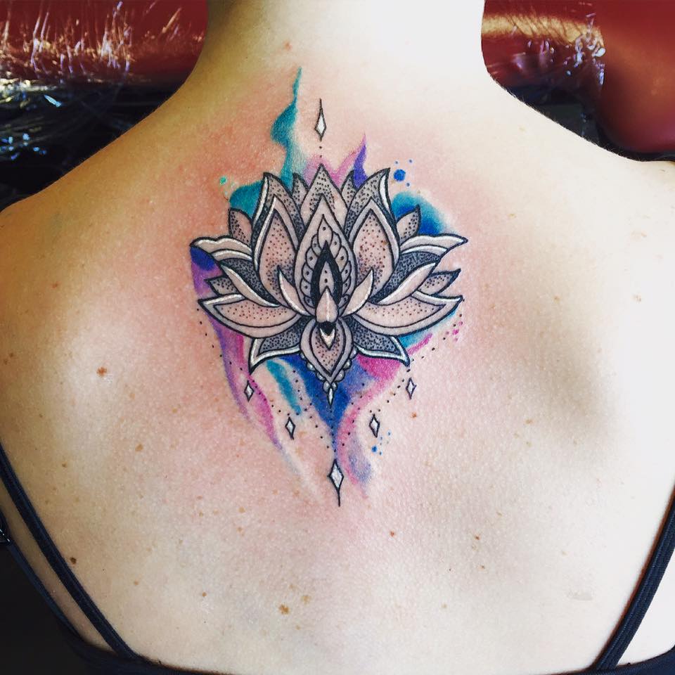 Watercolour lotus mandala tattoo