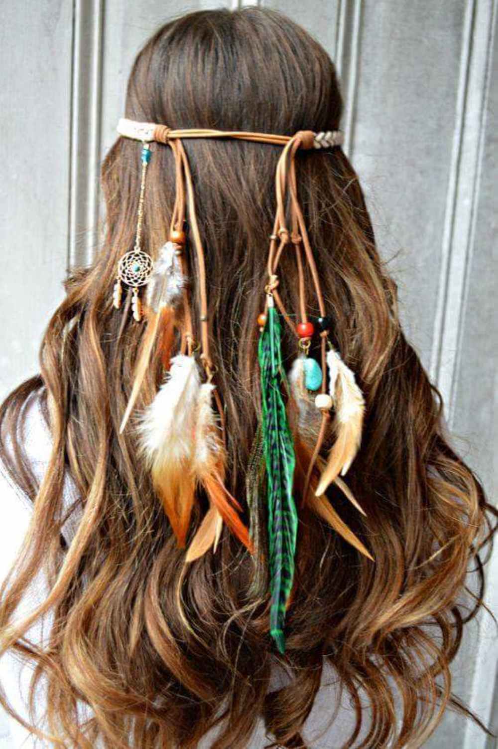 Wavy hair look with Bohemian leather headband