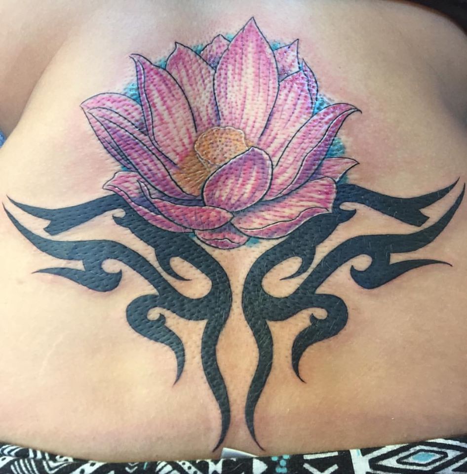 amazing pink colour lotus flower tattoo