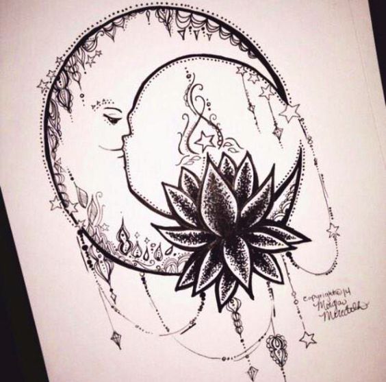 bohemian crescent moon and lotus tattoo