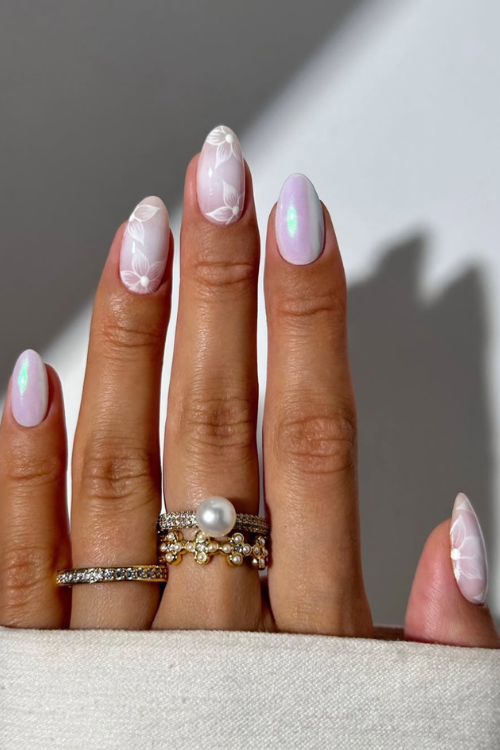 30 Creative Nail Art Ideas: Unlock Stunning DIY Designs at Home! 14 elegant white florals with a touch of chrome