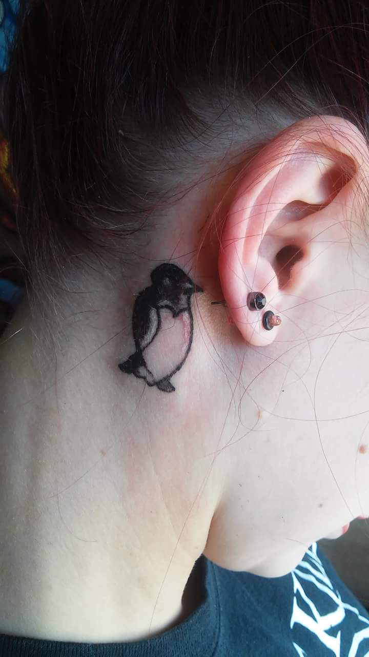 Adorable Penguin Tattoo Behind the Ear-Subtle yet Bold