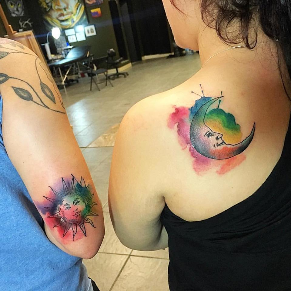 Adorably Chic Water Color Matching Sun and Moon Sister Tattoo