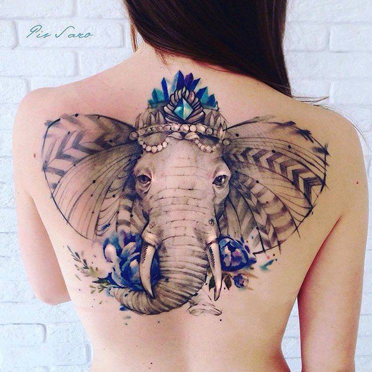 Amazing Colorful Watercolor Back Tattoo Design with Ganesha