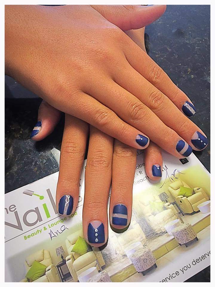 Awesome Navy Blue Dotted and Striped Matte Nail Art with Unique Shirt Design