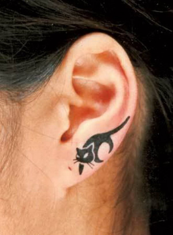 Awesome Silhouette Cat Earlobe Tattoo