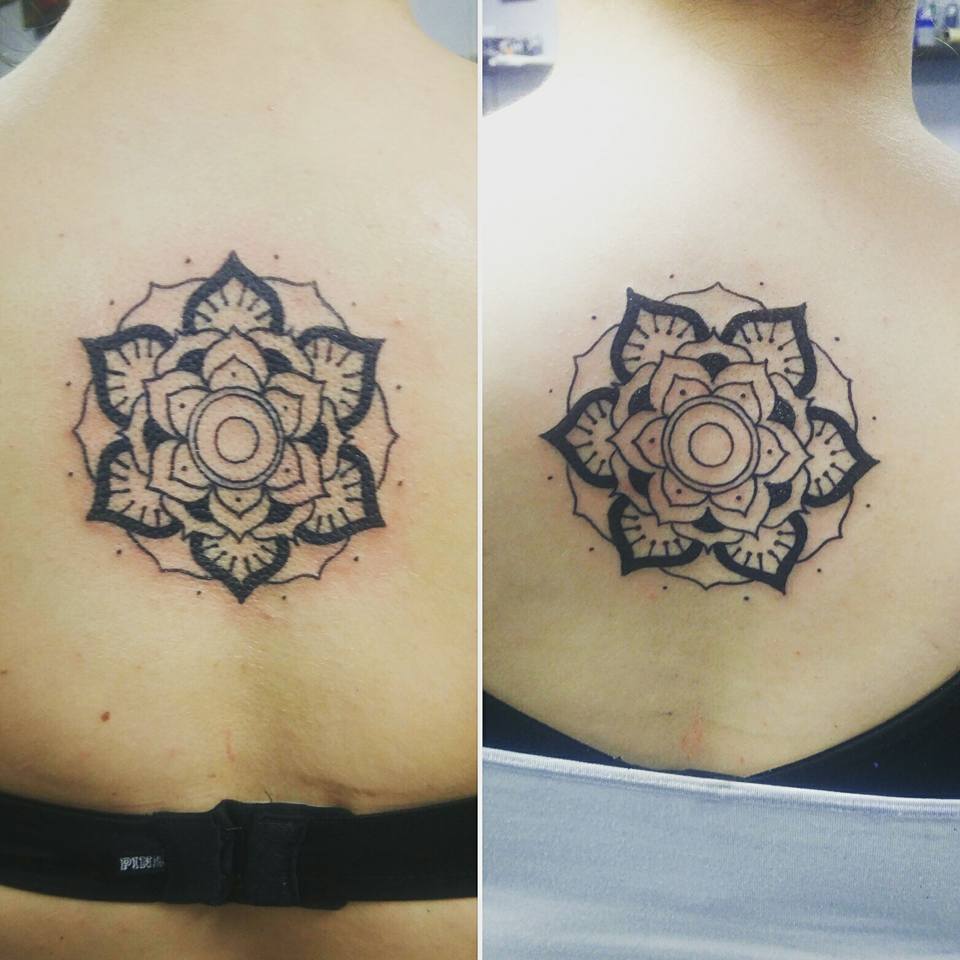 Beautiful Flower Mandala Sister Matching Tattoos on Back