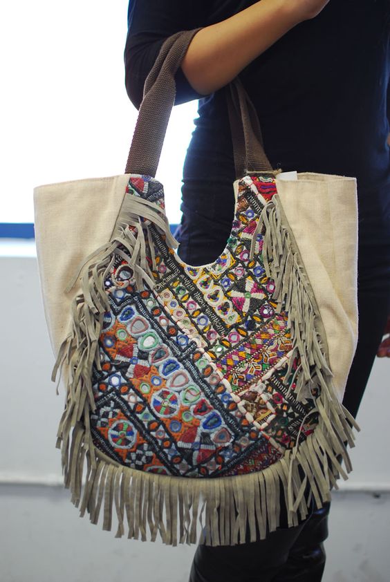 Bohemian Hand Made Embroidery CANVAS Suede Fringe Tote Bag