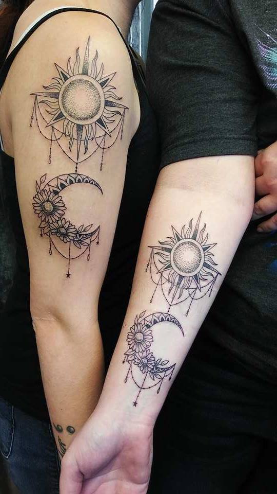 Brilliant Matching Sun and Moon Sister Tattoos Trend