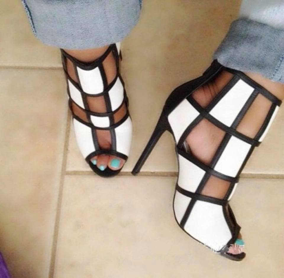 Chess Board Pattern White Peep Toe Stilettos