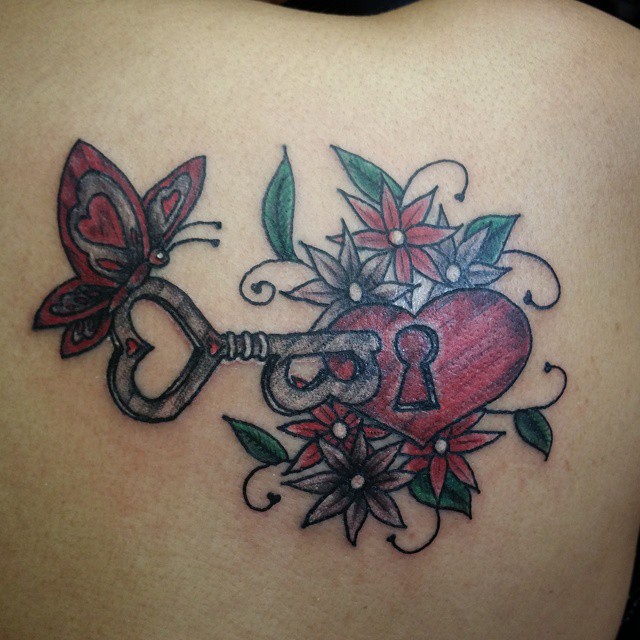 Cool Butterfly Key Flower Tattoo on Back for Girls