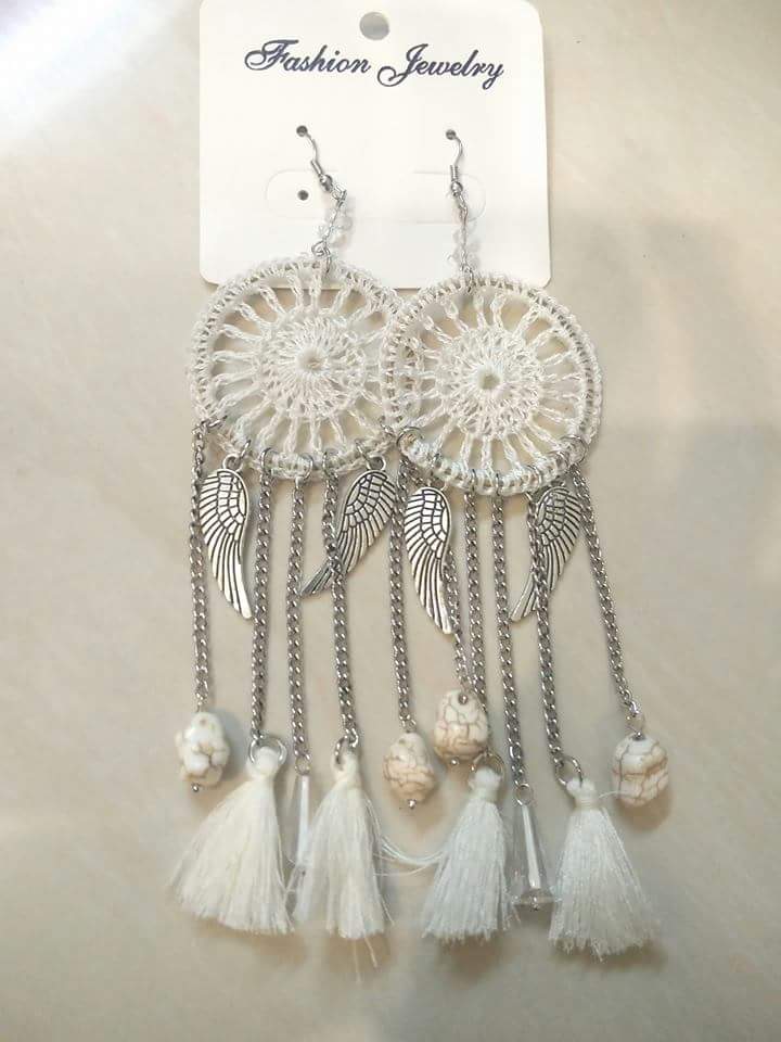 Dreamy Dream Catcher Long White Earring