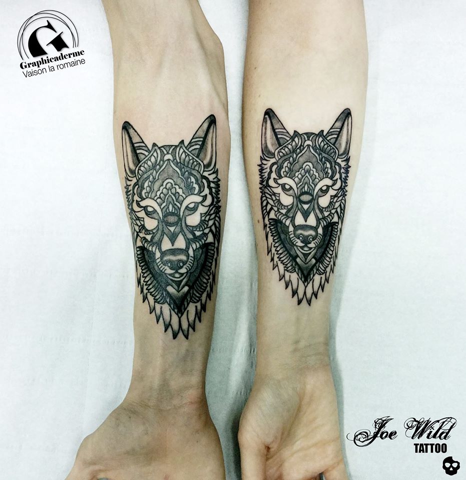 Elegant Wolf Brother and Sister Tattoo