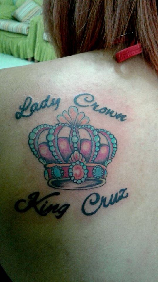 Excellent Lady Crown King Cruz Script Tattoo on back