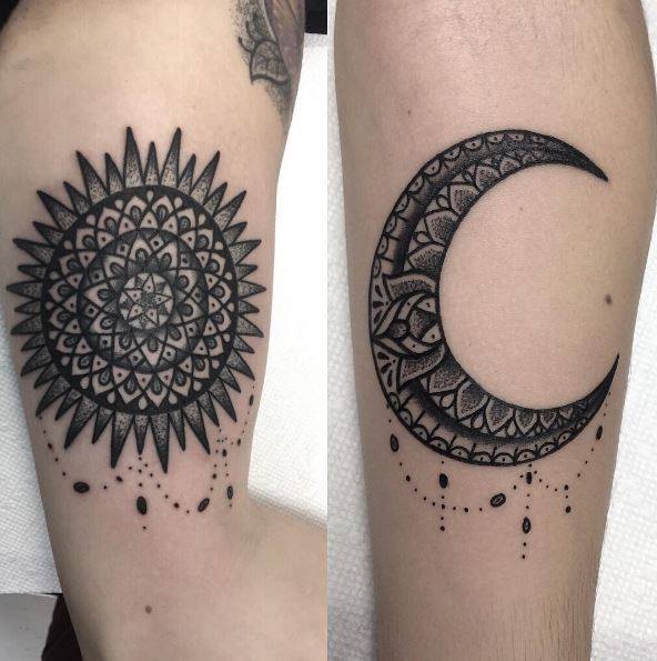 Exotic Sun and Moon Tattoo Done on Legs Sisters