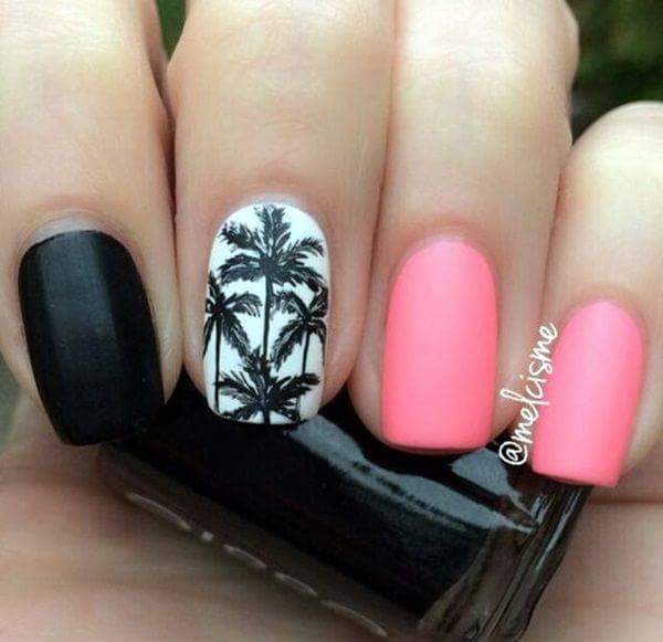 Fabulous Pink and Black Matte Nail Art with Trees