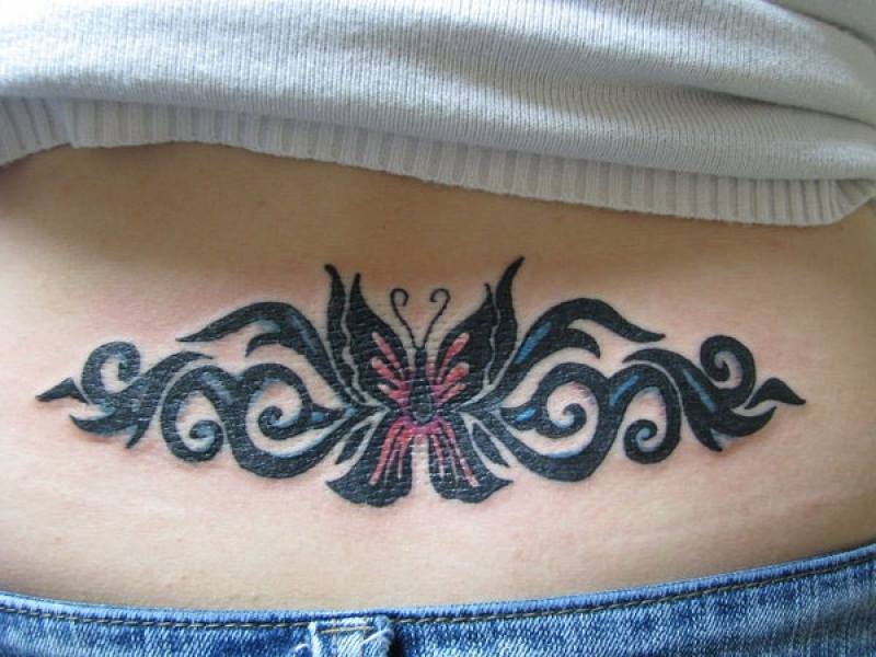 Fancy Butterfly Tribal Lower Back Tattoos for Girls