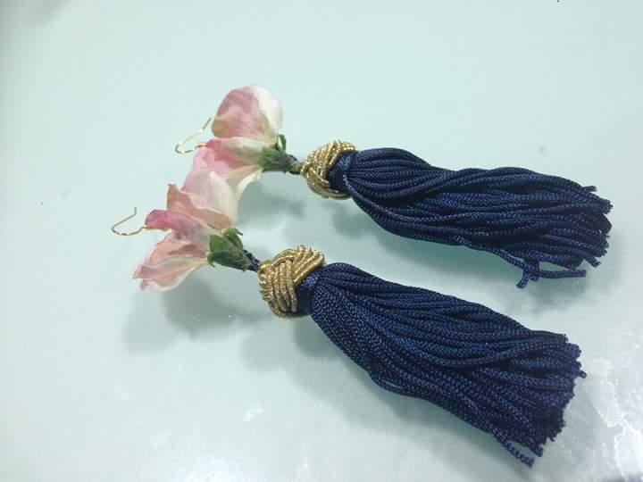 Feminine Pink Flower with Navy Blue Earring