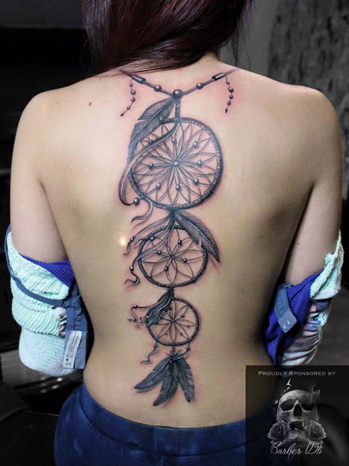 Feminine Pretty Dreamcatcher Ladies Back Tattoo