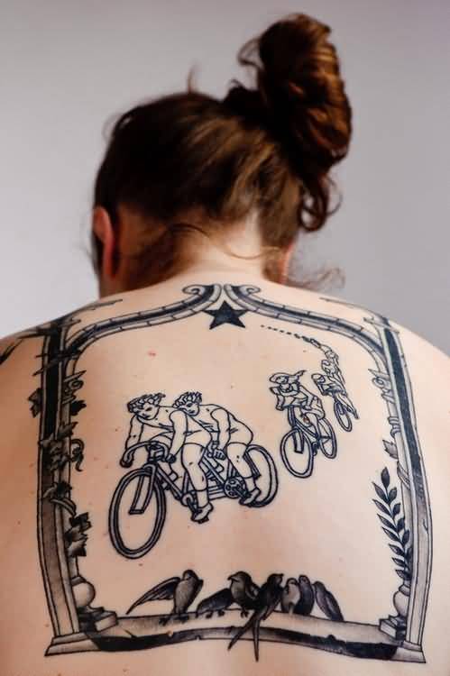 Funky Riding On Cycle Women Back Tattoo