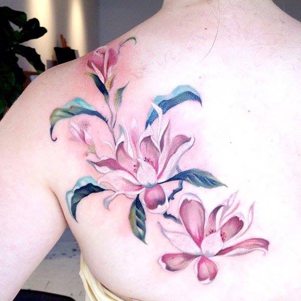 Girly Pink Back of the Shoulder Tattoo